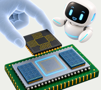 A translucent hand holds a chip component above a highlighted position on the semiconductor package.