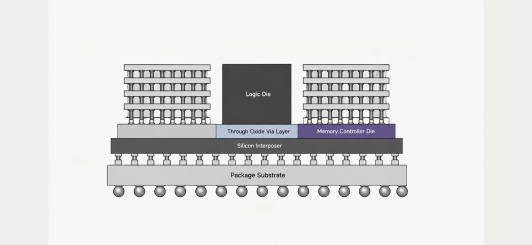 A two-dimensional chip cross-section labels stacked components and their connections.