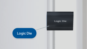 A close-up of a dark rectangular component is connected to a blue Logic Die label.