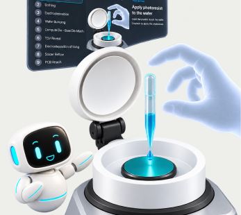 A translucent hand lowers a blue wafer into a circular process station beside the guidance robot.