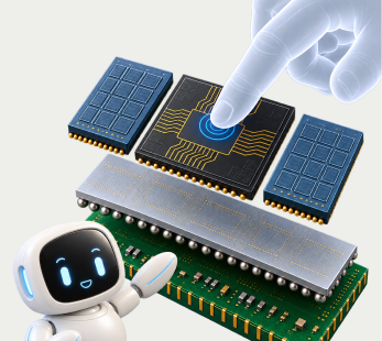 A translucent hand points to a chip layer while a white guidance robot floats beside the model.