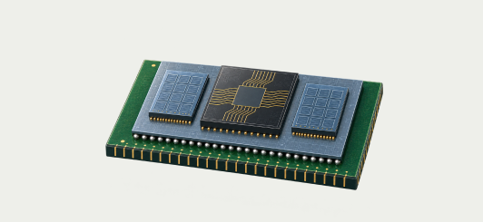 A three-dimensional semiconductor package has a central logic die, side components and a green substrate.