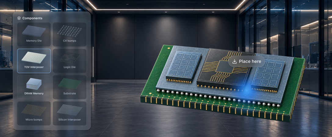 A translucent Components panel lists chip parts beside an assembled semiconductor model and a Place here marker.