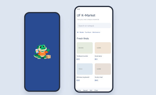 UF K-Market mobile app visual preview with mascot and marketplace screen